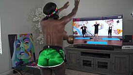 Mystique's big tits and ass naked during intense workout exercise