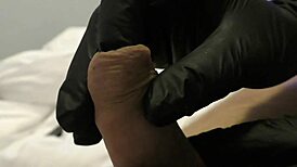 foreskin teased first, then latex gloves take over next
