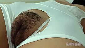 brother cuts leggings to masturbate hairy pussy then sniffs cum-soaked beaver!