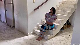 Wow, check this ball gagged girl struggling in barefoot tape bondage! 😳