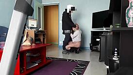 Milf sucks young courier in upskirt skirt