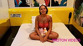 Fucking young Latina Athena Queen bent over, licking tattooed pussy before cumshot