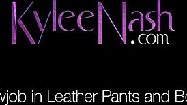 Brunette gives deepthroat blowjob in leather pants and boots