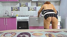 Stepmother cleaned dishes, then offered blowjob and anal in kitchen. After pounding, she got cum on ass and cleaned me with her mouth.