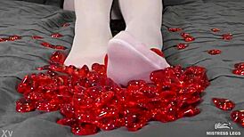 nylon foot teasing with red hearts on valentine's day