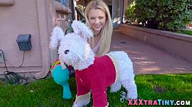 Petite teen rides and sucks hard outdoors with wild energy