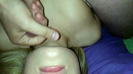 Amateur with blue eyes enjoys a solo pleasure with a friendly blowjob and swallowing cum