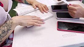 Three girls, Leela Moon, Nicole Jaimes, Lindsay Castro, explore anatomy.