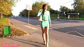 Jeny Smith Stuns in Transparent Dress for Outdoor Upskirt Display