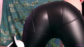 Brunette gives deepthroat blowjob in leather pants and boots