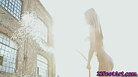 Petite babe performs footjob