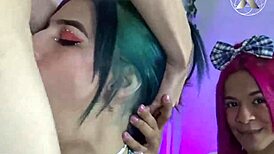 Jazmin kneels with friends, getting her throat slammed in a wild group.