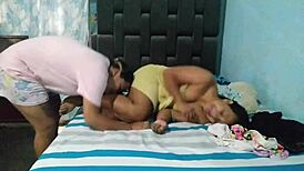 I catch my horny latina stepmother sniffing my underwear and fondling her tits, then assist by guiding her to lick my shaved pussy