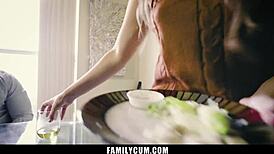 Teen sucking stepdad’s cock under table at family dinner