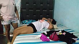 I catch my horny latina stepmother sniffing my underwear and fondling her tits, then assist by guiding her to lick my shaved pussy