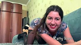 Katty West in stockings sucks and fucks dildo until explosive orgasm hits