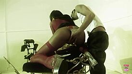 sexy brunette in heels enjoys playful food fun