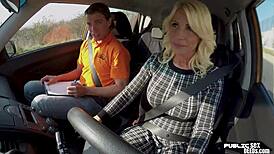 Busty milf rides instructor in public car
