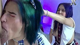 Jazmin kneels with friends, getting her throat slammed in a wild group.