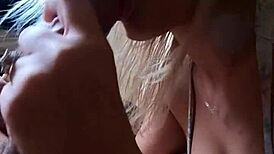 Amateur couple gives sloppy blowjob and footjob with cum on toes while teasing in shower