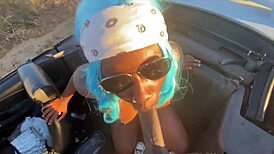 Professional thot performs huge blowjob deepthroat sucking on big black cock in car pov outdoor