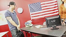 teacher sara jay takes french student's cock deep down her throat