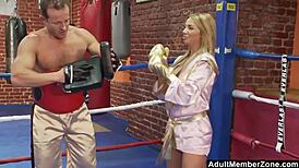 busty blonde boxer licks big cock!