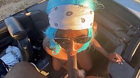 Professional thot performs huge blowjob deepthroat sucking on big black cock in car pov outdoor