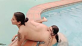 vayolet licks her stepsister's shaved pussy by the pool.