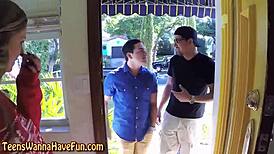 Party teens ride cocks with blowjobs and facials