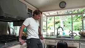 petite asian girl gets banged in the kitchen without panties, choking and gagging on big cock