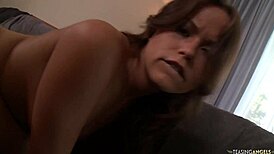 Brunette Leads Cameraman Home, Strips Fast to Tease, and Gets Her Trimmed Pussy Drilled Hard