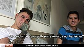 yo, watch this tattooed latino hunk top a big dick boy in a raw group session.