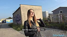 Public agent bangs pantyless blonde hard in outdoor POV action.