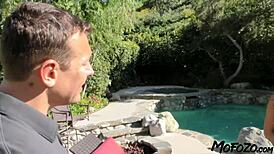 Awesome Brunette Meets Creepy Pool Worker for a Wild Encounter