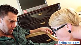 Cute Short Haired Blonde Miley Mays Performs Deepthroat Blowjob On Big Cock With Tits And Ass Exposed