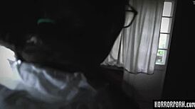 Brunette in glasses gets demon's grip blowjob