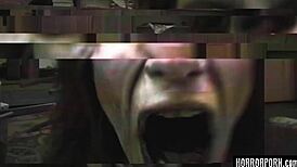 Brunette in glasses gets demon's grip blowjob