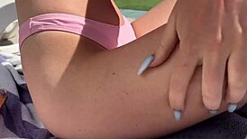 Pickup girl by pool for hotel room meeting