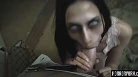 Brunette in glasses gets demon's grip blowjob