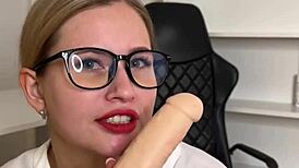 i'm watching this sexy secretary flirt and masturbate with a vibrator in front of me, her huge tits and skinny body turning me on