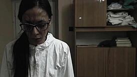 Brunette in glasses gets demon's grip blowjob