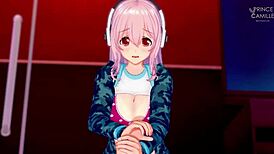 Super Sonico's arousal builds intensely while modeling seductively