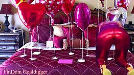 Model in latex poses with dirty shoes and balloon for valentine's event