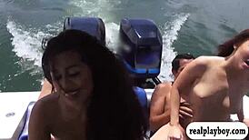 pretty teen coeds gathered on a speedboat for a wild foursome