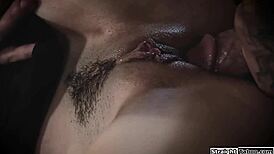 Bartender rides cock from blonde lady in lingerie