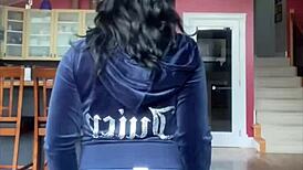 Pretty Brunette Canadian Babe Tries On Juicy Couture Velour Tracksuit