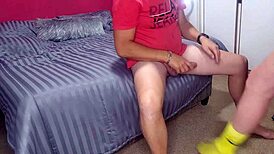 Tall girlfriend in amazon position gets creampie after handjob.