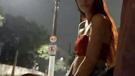 Risky public masturbation for hot redhead at bus stop