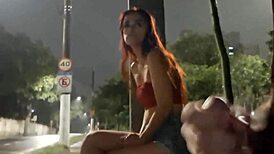 Risky public masturbation for hot redhead at bus stop